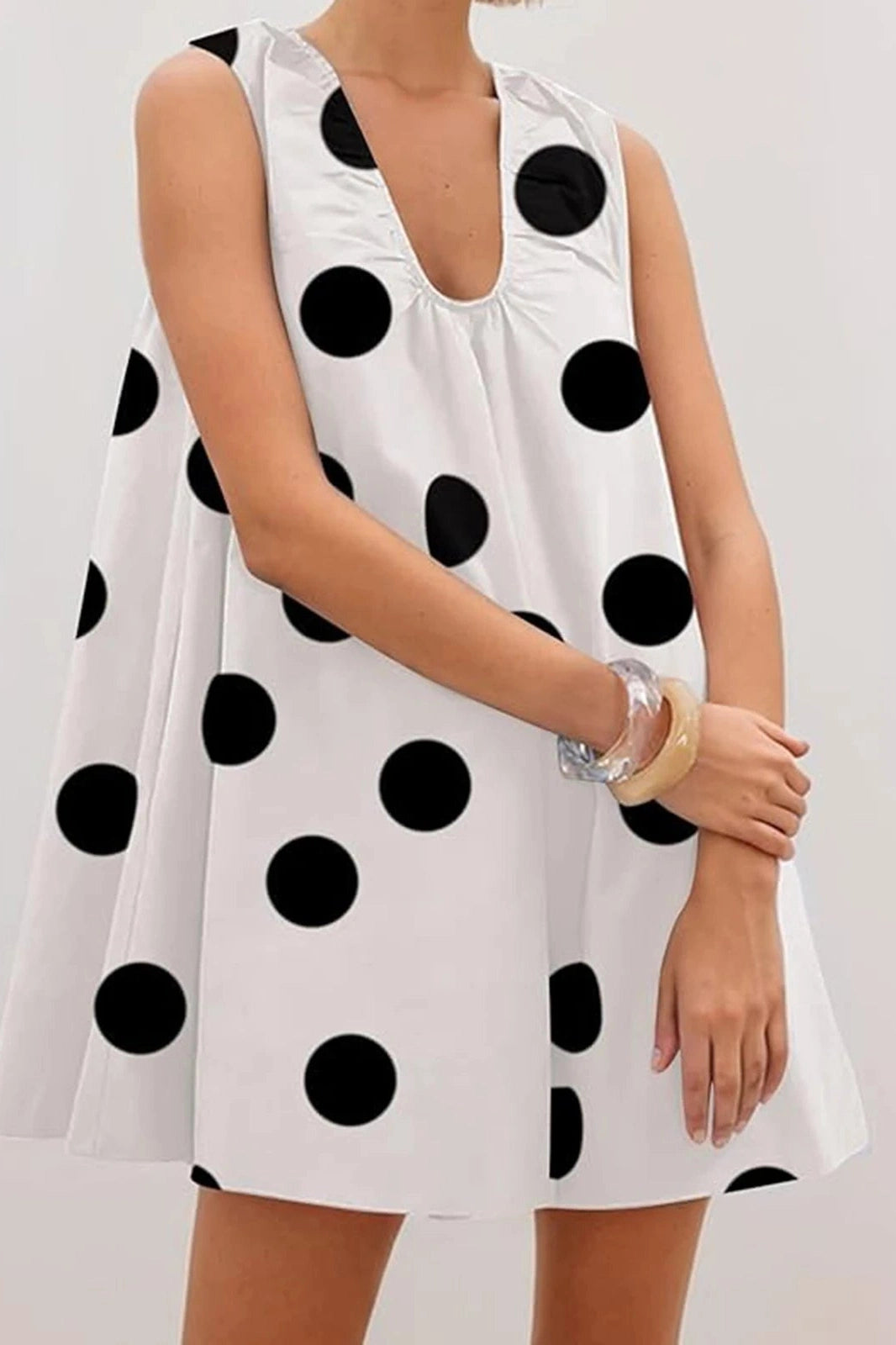 Glorol - Printed V Neck Sleeveless Loose Fit Mini Dress