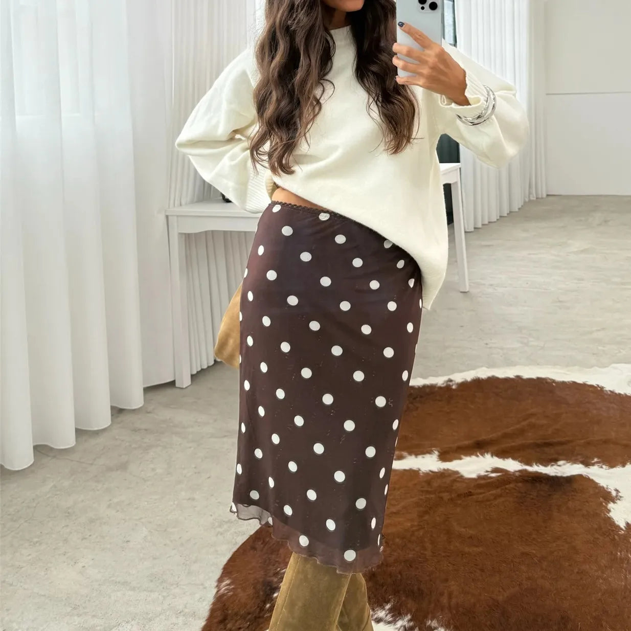 Glorol - Polka Dot Print Low Waist Skirt