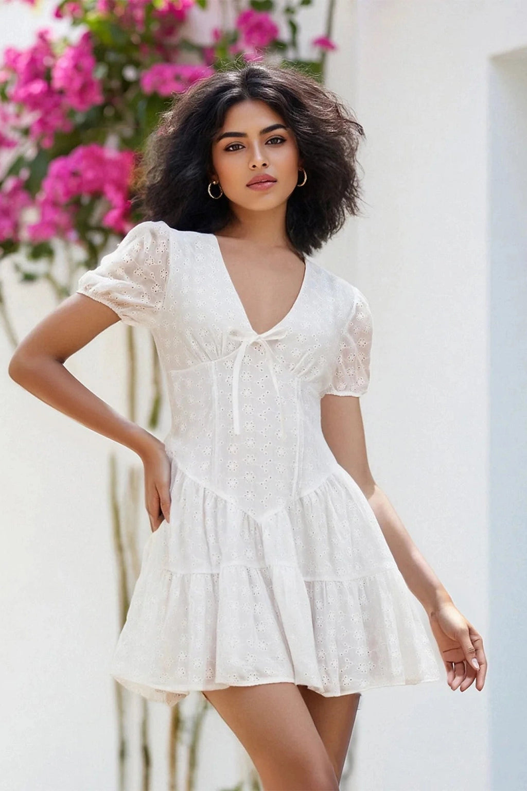 Glorol - Short Sleeve V Neck A-Line Mini Dress