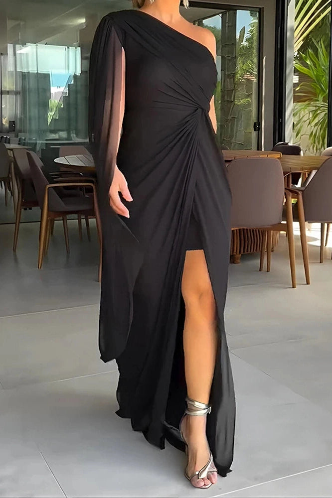 Glorol - Elegant Slash Collar High Split Maxi Dress