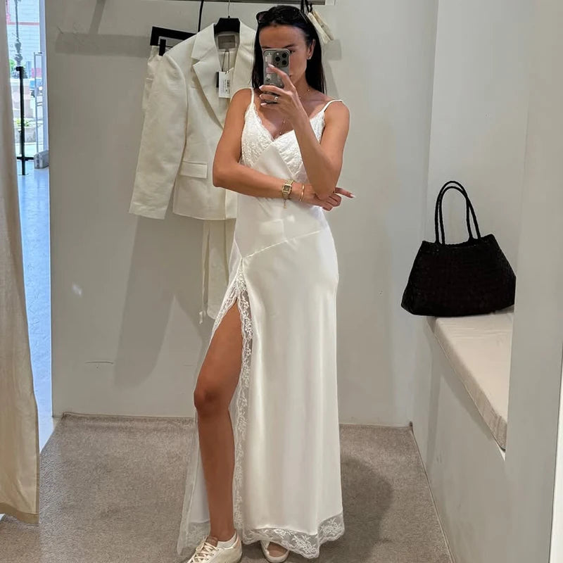 Glorol - Elegant Lace V-Neck Fitted Split Maxi Dress