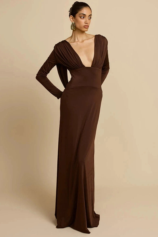 Glorol - Deep V Neck Backless Long Sleeve High Waist Maxi Dress
