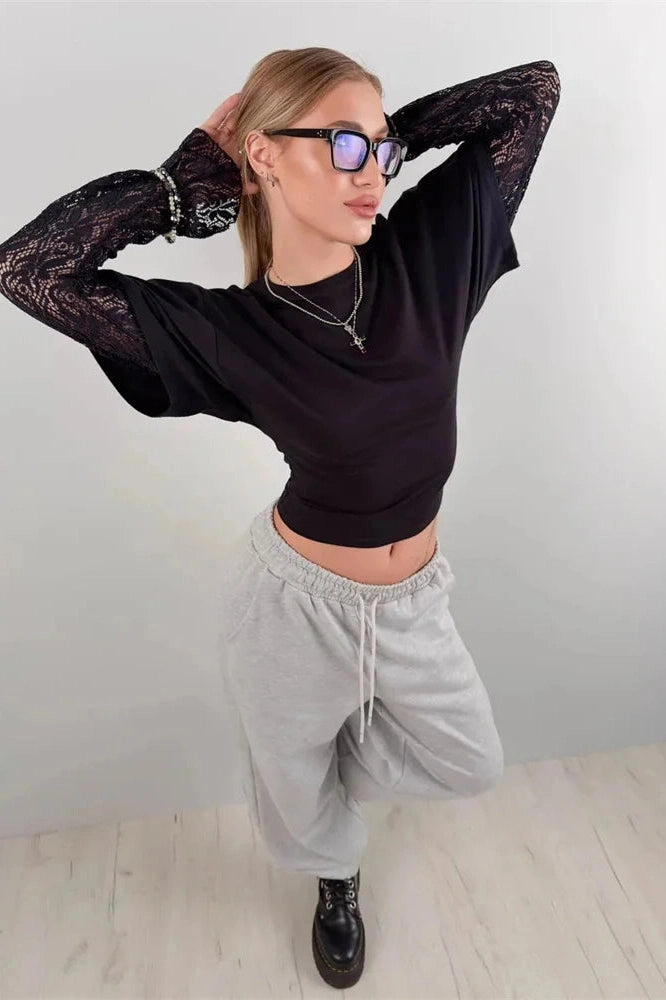 Glorol - Lace Long Sleeve Printed High Waist Top