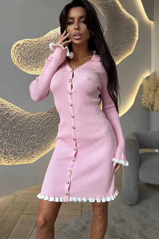 Glorol - Elegant Knitted Long Sleeve Single-Breasted Bodycon Mini Dress