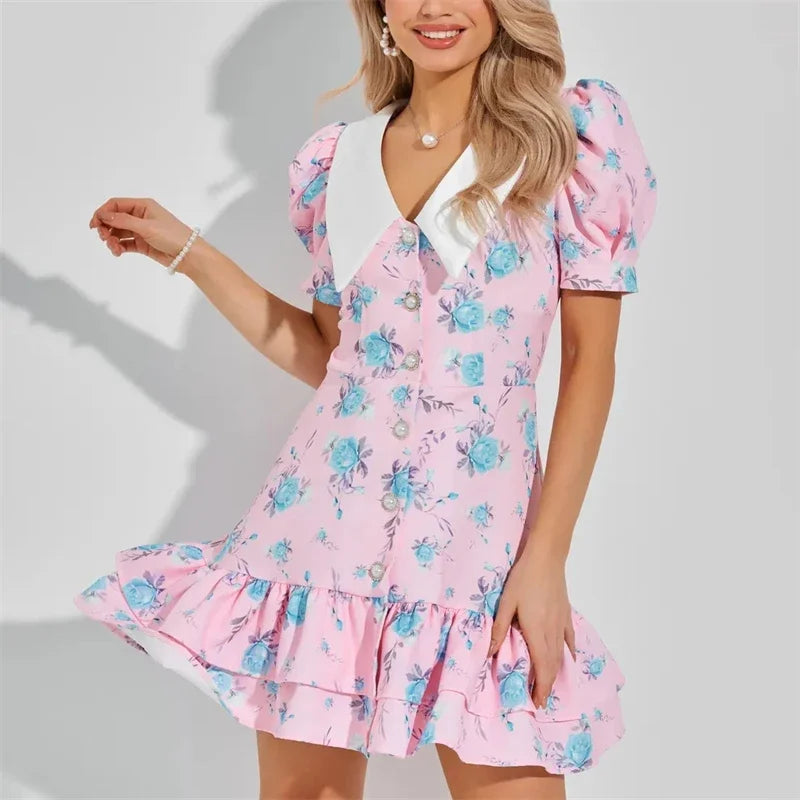Glorol - Printed V-Neck Puff Sleeve Single Breasted Mini Dress