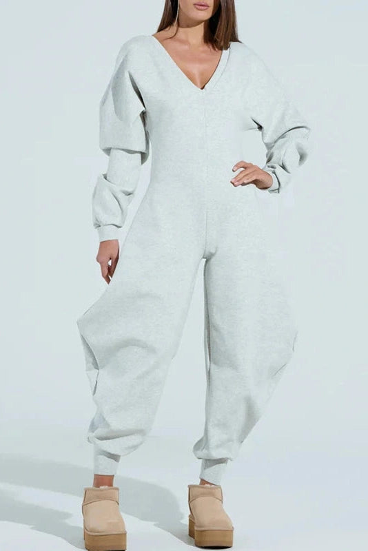 Glorol - Long Sleeve Deep V-Neck High Waist Jumpsuit