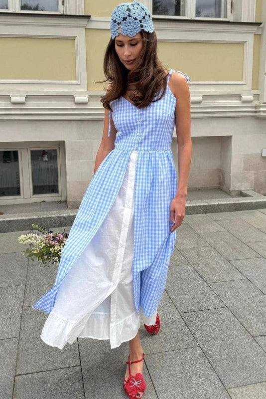 Glorol - Elegant Plaid Patchwork Two-Piece Single-Breasted Midi Dress