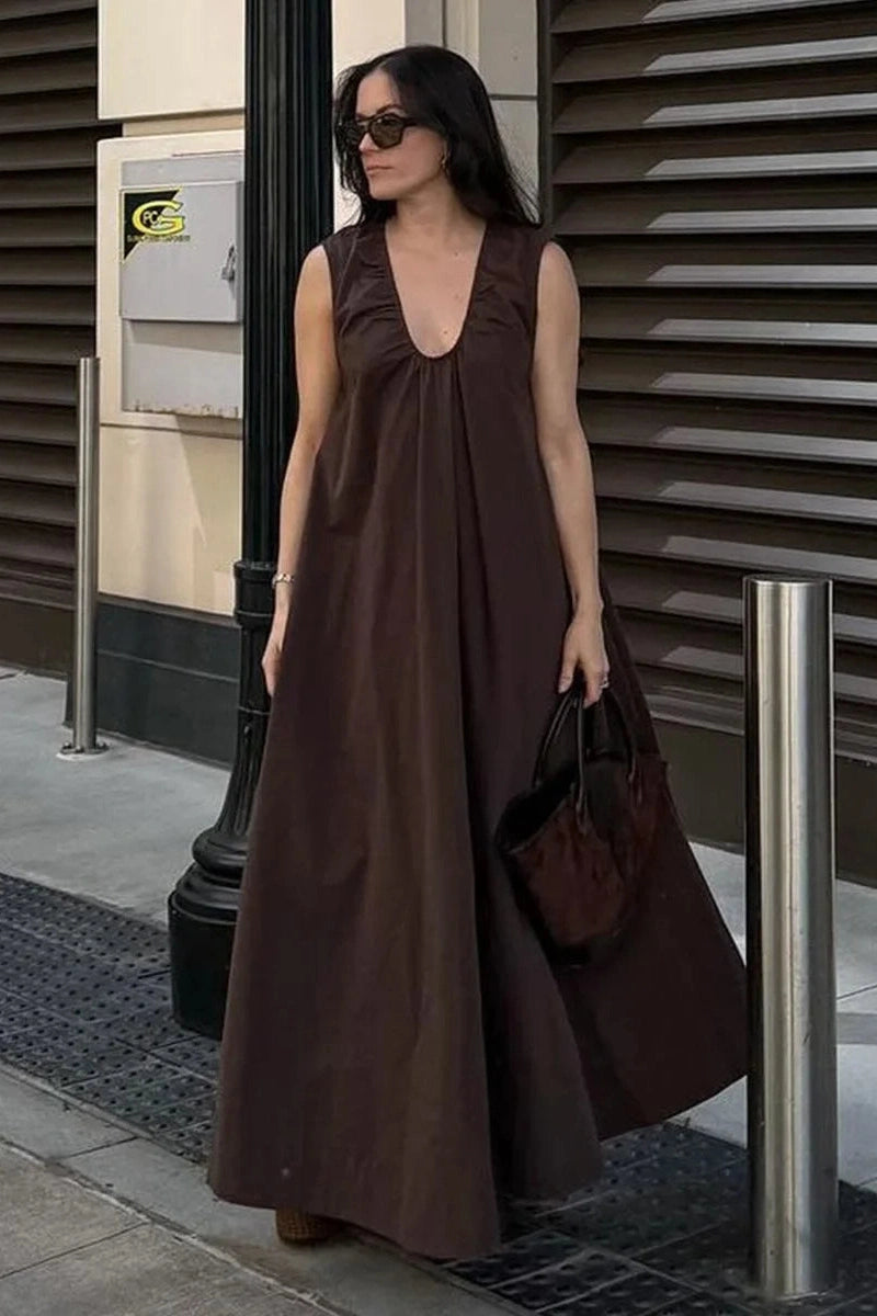 Glorol - Sleeveless Cotton U-Neck Loose Maxi Dress