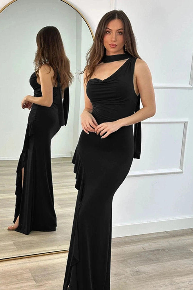 Glorol - Elegant V Neck Slim High Slit Sleeveless Maxi Dress