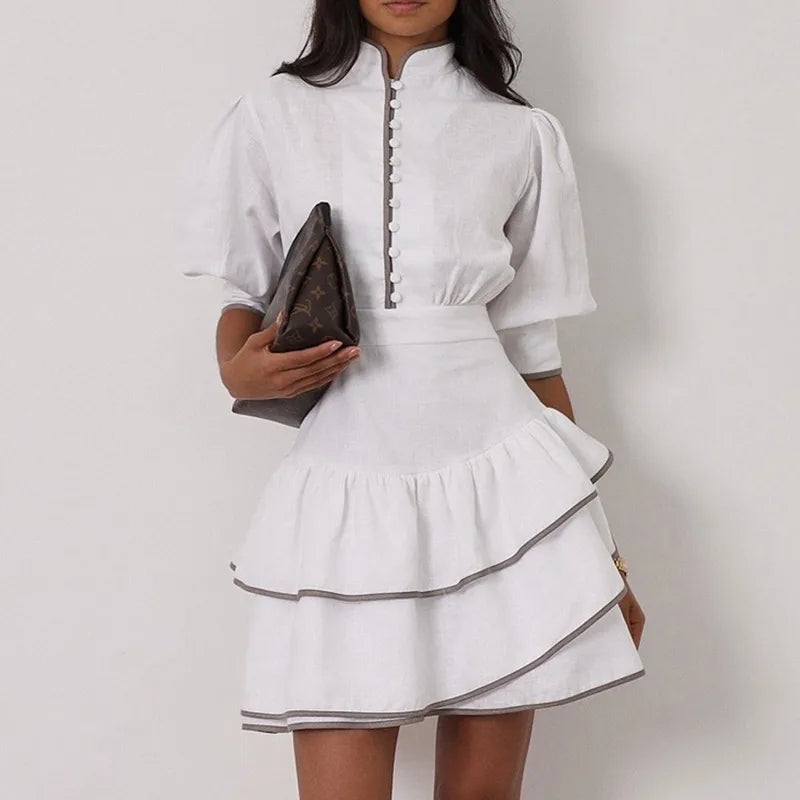Glorol - Elegant Ruffle A-Line High Waisted Mini Dress