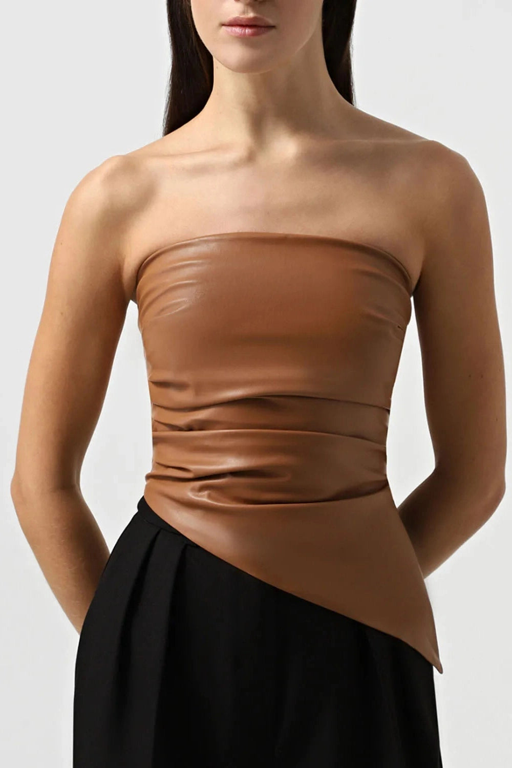 Glorol - PU Leather Pleated Zipper Irregular Top