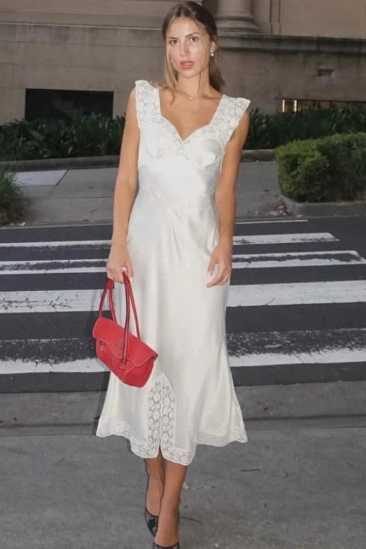 Glorol - Elegant Lace Slit Loose Pleated Backless Sleeveless Midi Dress