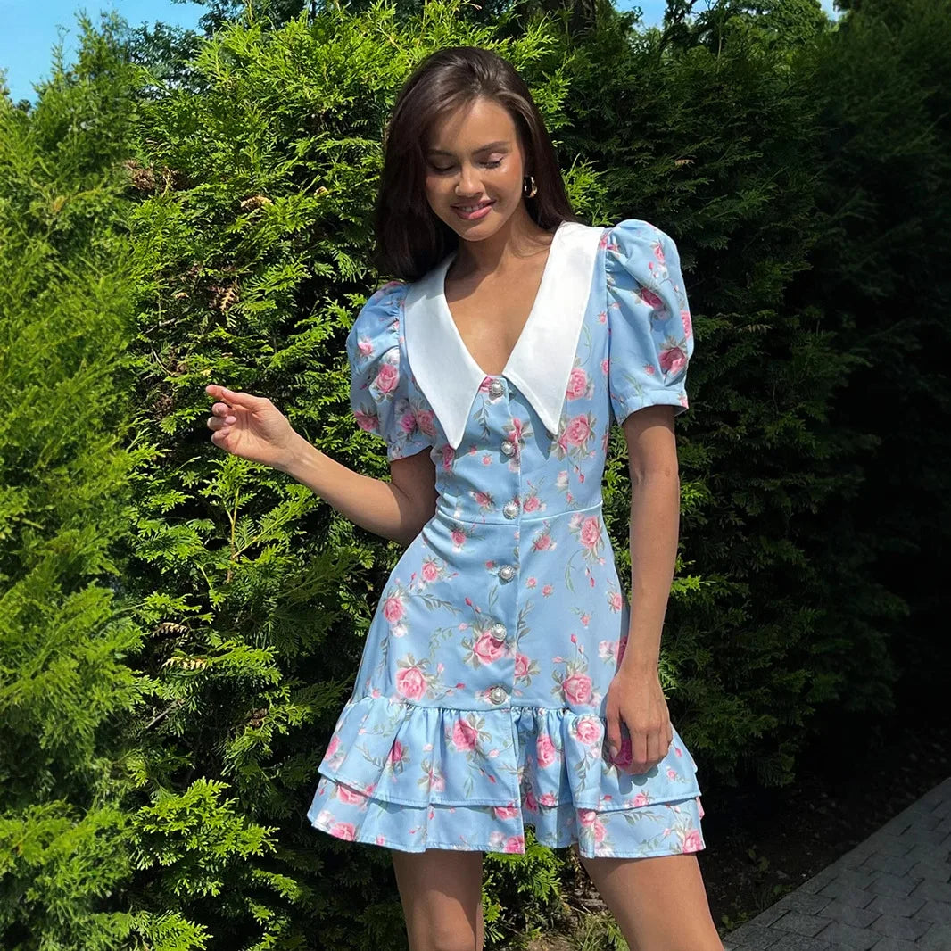 Glorol - Printed Puff Sleeves V-Neck High Waist Mini Dress