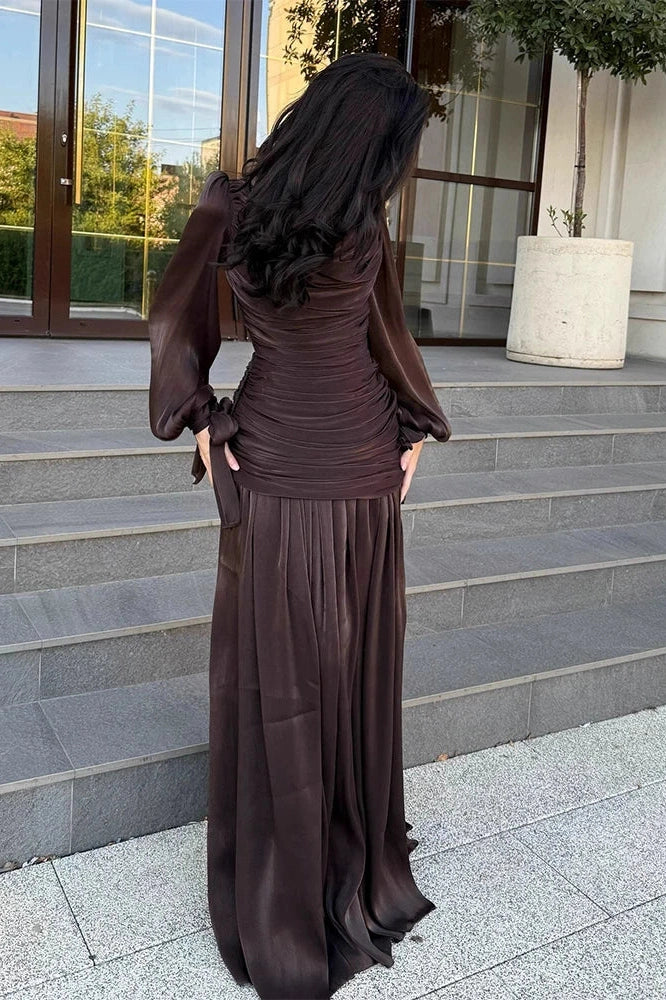 Glorol - Long Sleeve O-Neck High Waist Pleated Maxi Dress