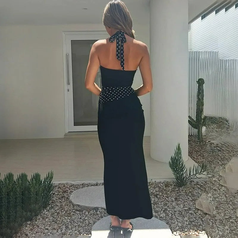 Glorol - Polka Printed Lace-Up V-Neck Patchwork Maxi Dress