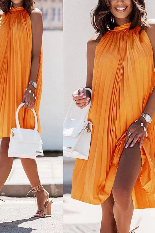 Glorol - Pleated A Line Loose Strapless Sleeveless Midi Dress