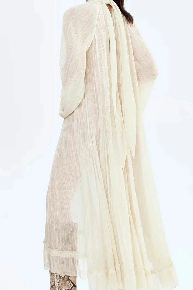 Glorol - Elegant Pleated O-Neck Long Sleeve Loose Maxi Dress