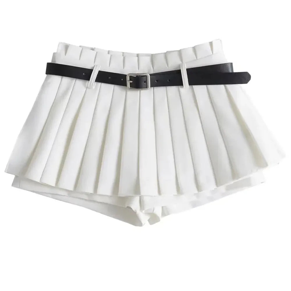Glorol - Low Waist Pleated Belt Skirt