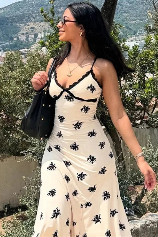 Glorol - Lace Printed Backless Sleeveless V-Neck Slim Midi Dress