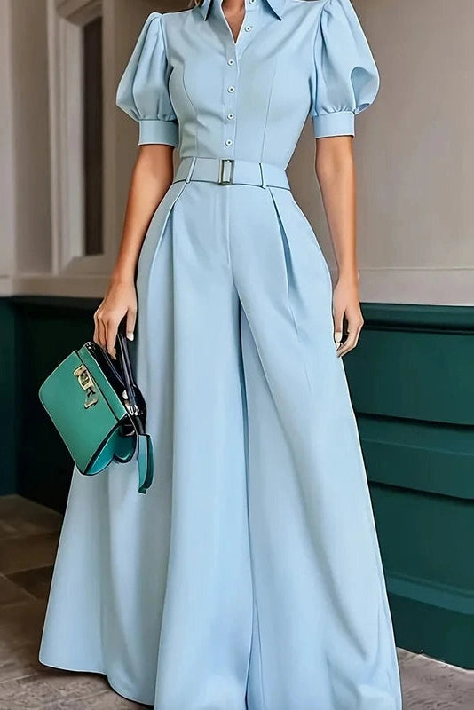 Glorol - High Waist Puff Sleeve Wide Leg Jumpsuit