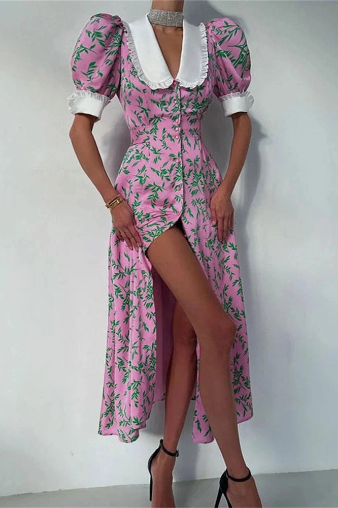 Glorol - Printed Slim Short Sleeve High Waist Midi Dress