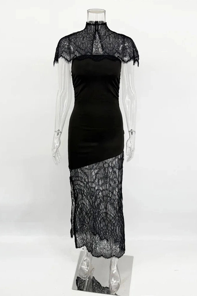 Glorol - Lace Printed See-Through Turtleneck Patchwork Maxi Dress