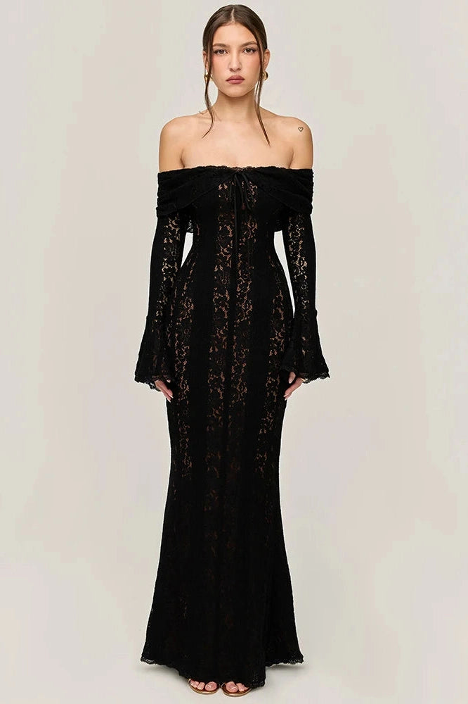Glorol - Lace Off-Shoulder Strapless Backless Long Sleeve Maxi Dress