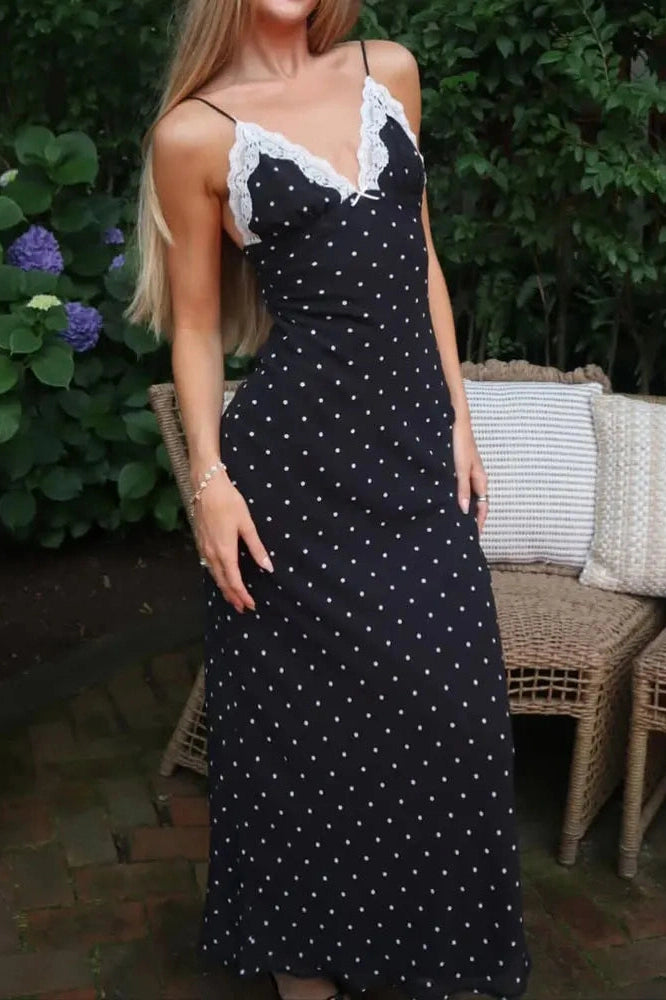 Glorol - Lace V-Neck Patchwork High Waist Slim Maxi Dress