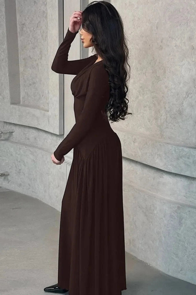 Glorol - Long Sleeve V Neck High Waist Slim Pleated Maxi Dress