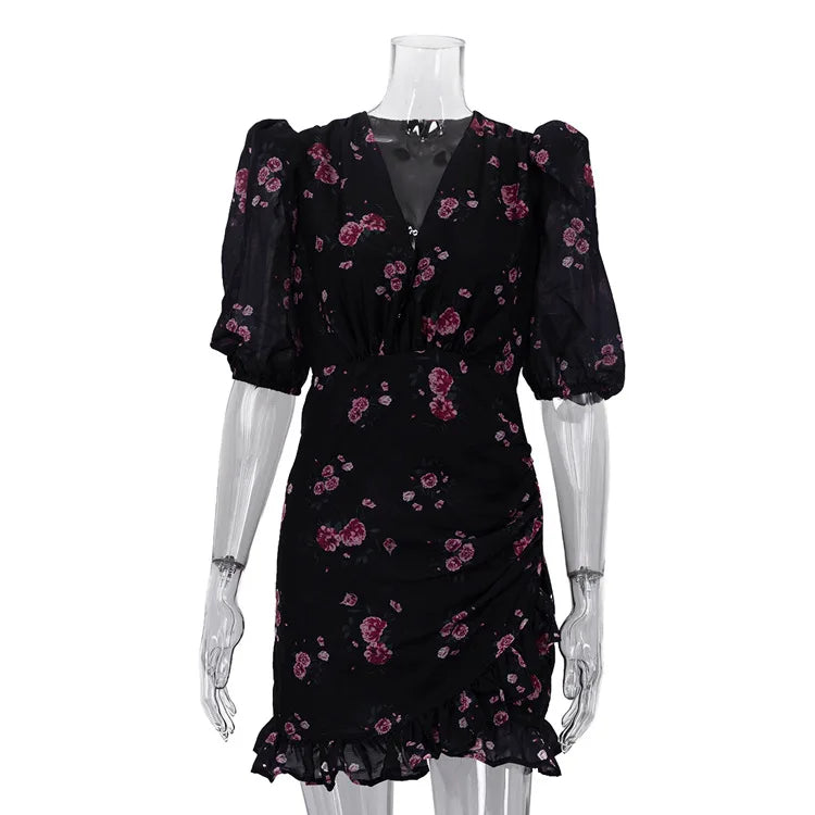 Glorol - Printed Pleated Short Sleeve Slim Mini Dress