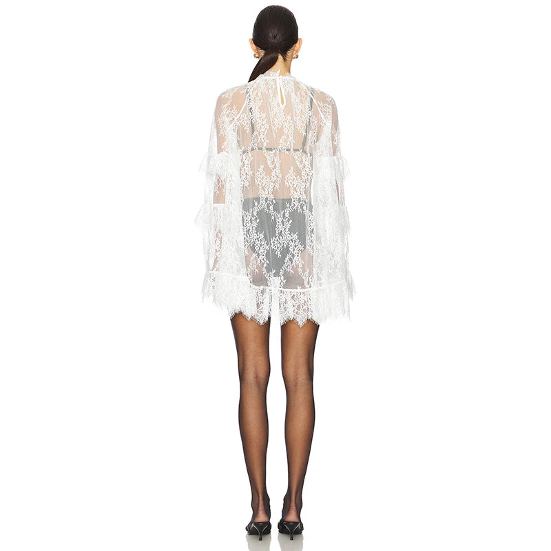 Glorol - Lace See-Through Long Sleeve Loose Mini Dress