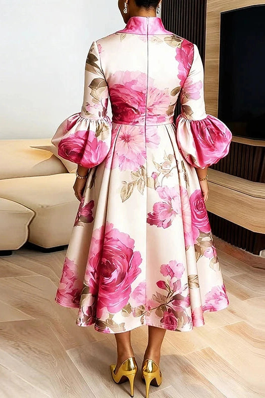 Glorol - Floral Print High Waist Pleated Long Sleeve Midi Dress