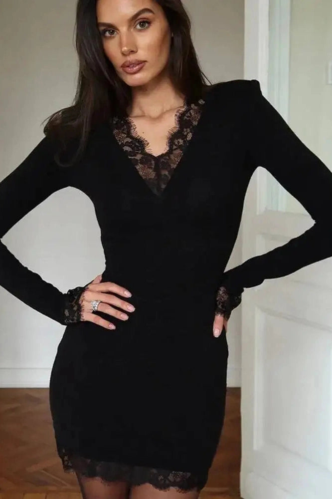 Glorol - Lace V Neck Long Sleeve Patchwork Bodycon Mini Dress