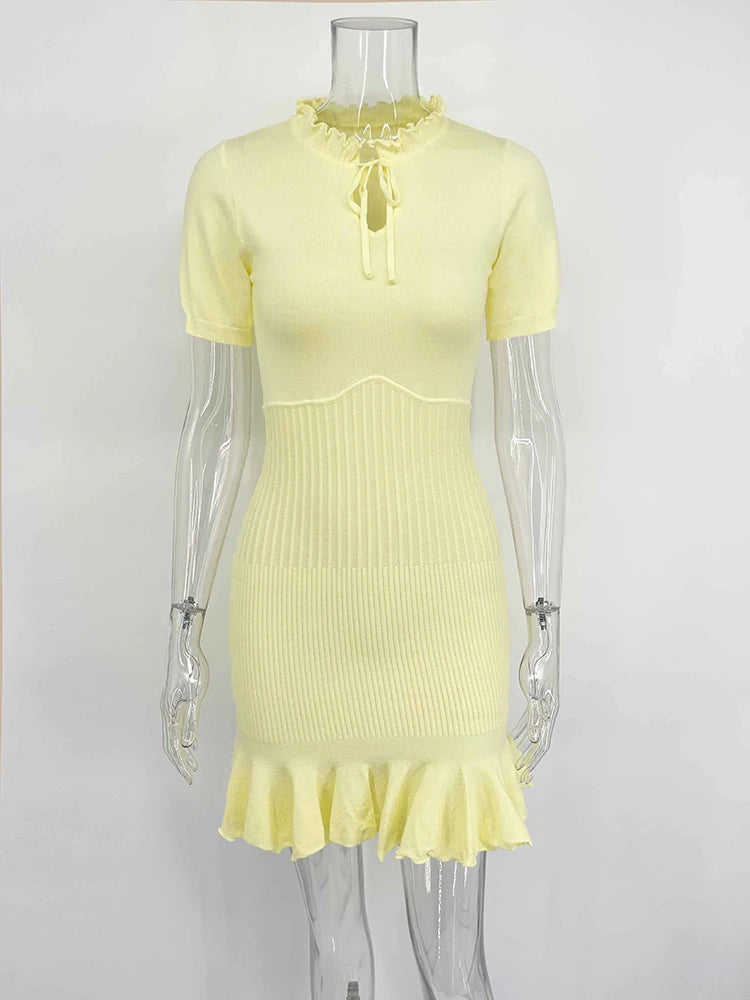 Glorol - Hollow Knitting Lace Up Short Sleeve Mini Dress