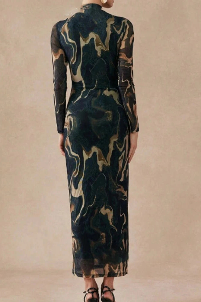 Glorol - Printed Slim O-Neck Long Sleeve High Waist Maxi Dress