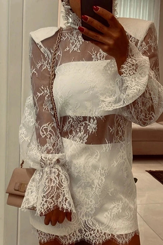 Glorol - Hollow Out Loose Lace Long Sleeve Mini Dress