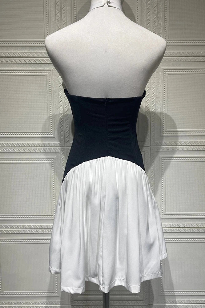 Glorol - Patchwork Backless V Neck Sleeveless High Waist Pleated Mini Dress