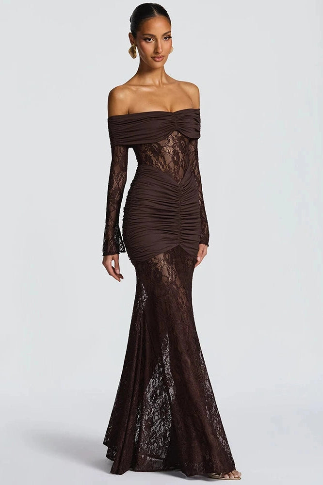 Glorol - Off-Shoulder Long Sleeve Lace See Through Strapless Bodycon Maxi Dress