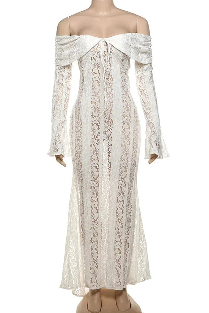 Glorol - Off-Shoulder See-Through Printed Lace-Up High Waist Maxi Dress