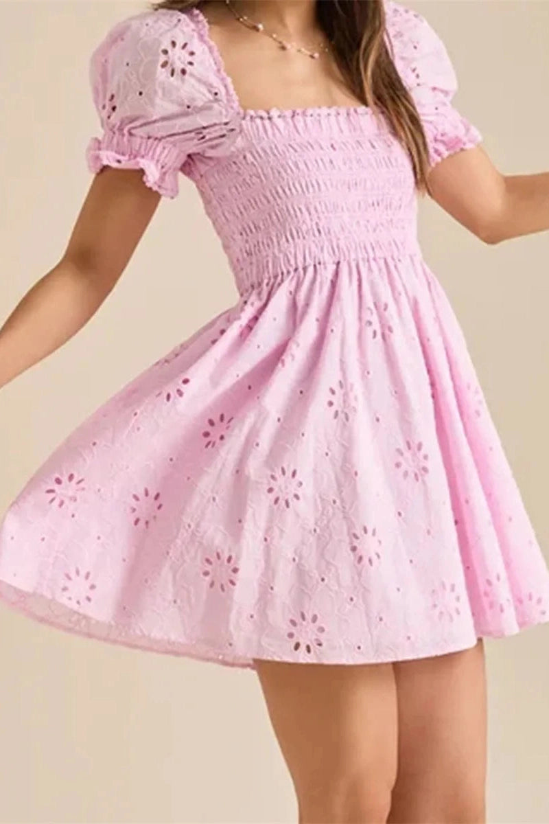Glorol - Puff Sleeve Square Neck A-Line Mini Dress
