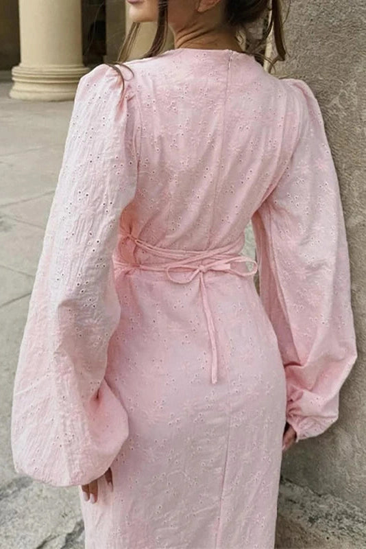 Glorol - Elegant Hollow Out V-Neck High Waist Lantern Sleeve Maxi Dress