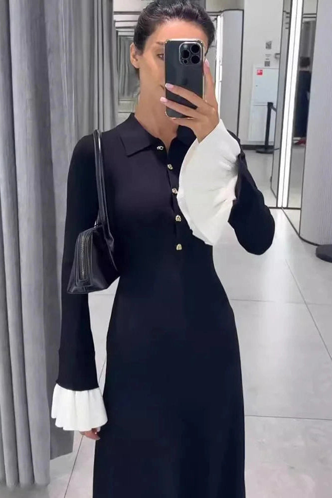 Glorol - Elegant Flare Sleeve Knitted High Waist Button Maxi Dress