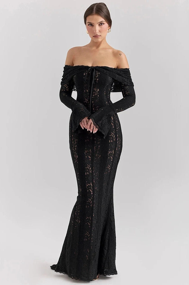 Glorol - Lace Off-Shoulder Strapless Backless Long Sleeve Maxi Dress