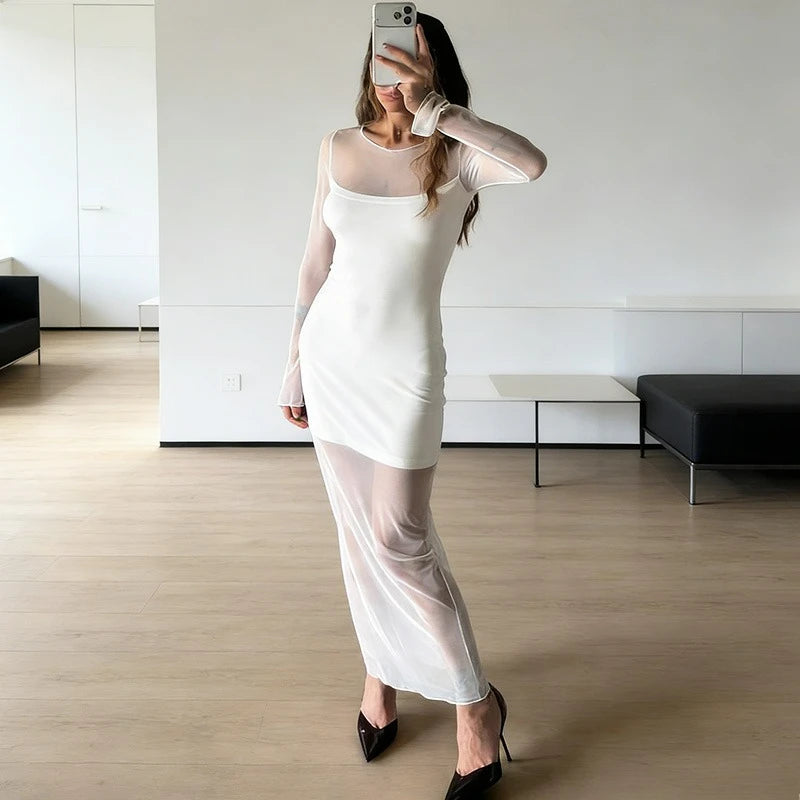 Glorol - Elegant See Through Patchwork High Waist Maxi Dress