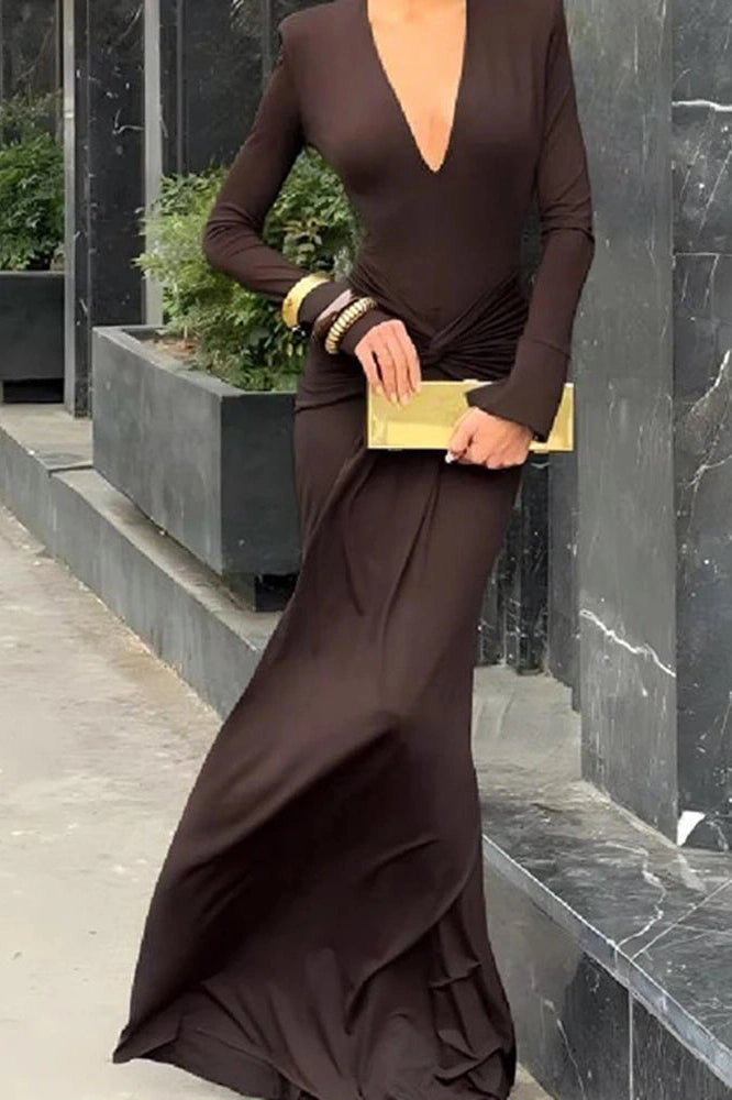 Glorol - Elegant Deep V-Neck Slim Long Sleeve Pleated Maxi Dress