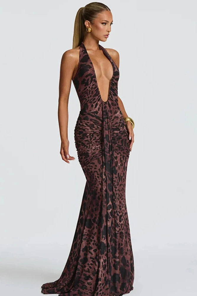 Glorol - Printed Backless Deep V Neck Sleeveless Bodycon Maxi Dress