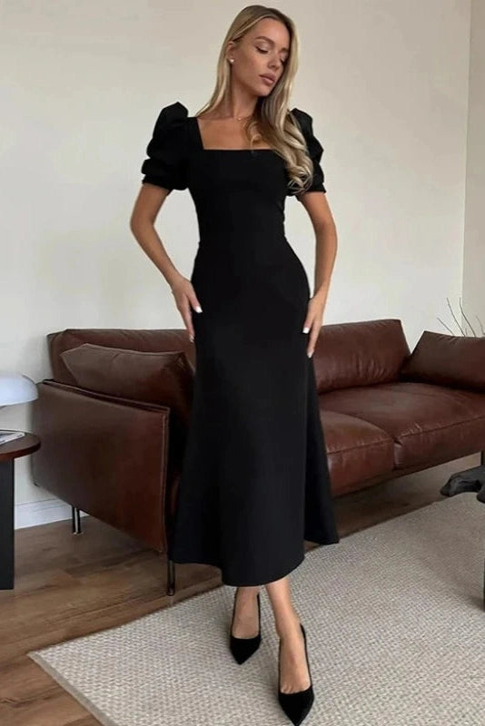 Glorol - Elegant Square-Neck Short-Sleeved Slim Midi Dress