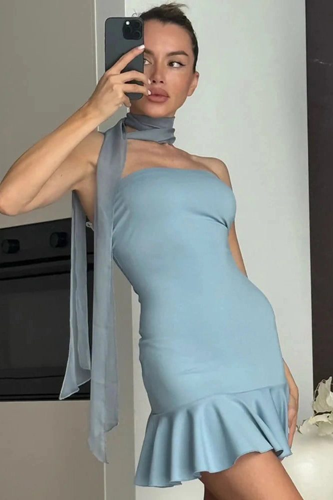 Glorol - Off-Shoulder Strapless Scarf Collar Backless Sleeveless Mini Dress