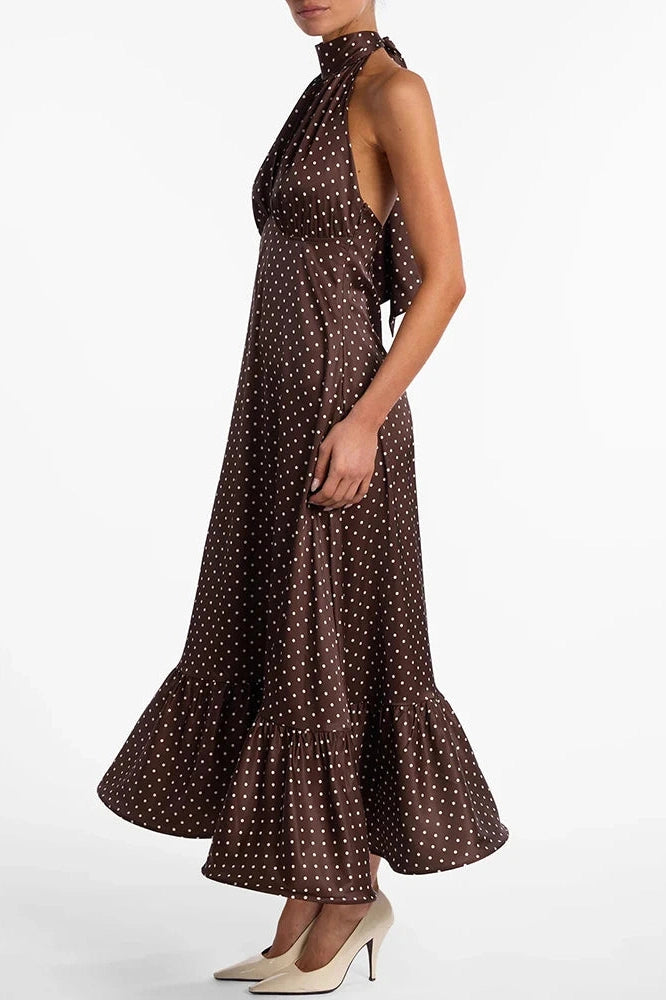 Glorol - Polka Dot Sleeveless Backless High Waist Maxi Dress