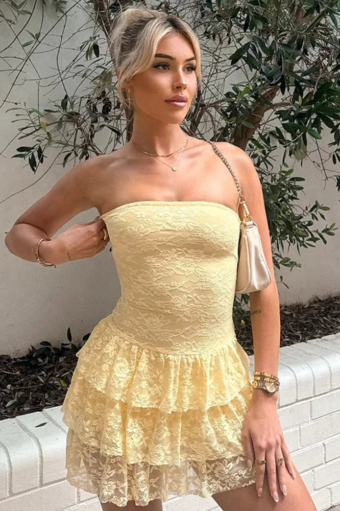 Glorol - Off-Shoulder Strapless Lace Sleeveless High Waist Pleated Mini Dress
